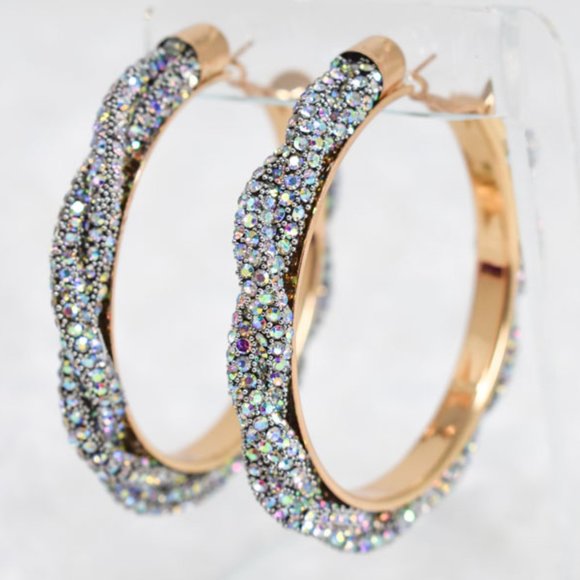 3" Boho Braid Twist AB Rhinestone Hoop Earrings - Picture 3 of 11